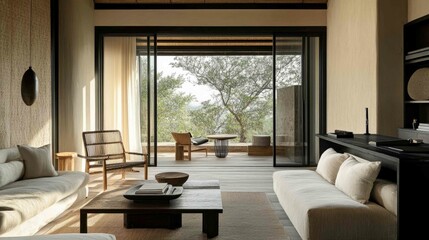 A peaceful living room with soft beige cushions, a modern black desk, and wooden furniture. The glass doors open to a charming outdoor terrace with wooden seating