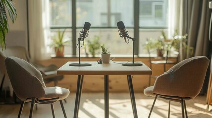 A simple yet professional interview space with two microphones, a wooden table, and comfortable chairs in a bright, airy setting with soft lighting