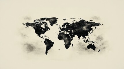 A detailed world map in black and white displays continents outlined against a light background. the contrasting design emphasizes geographical features and boundaries across the globe. world.