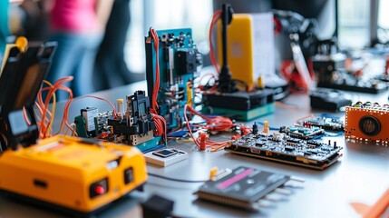 A modern table showcases kids' coding robotics kits with sensors, circuit boards, and tools, while enthusiastic learners participate in hands-on creative activities.