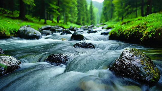 Serene river flows through lush green forest, surrounded by rocks, vibrant vegetation, and soothing sound of water.