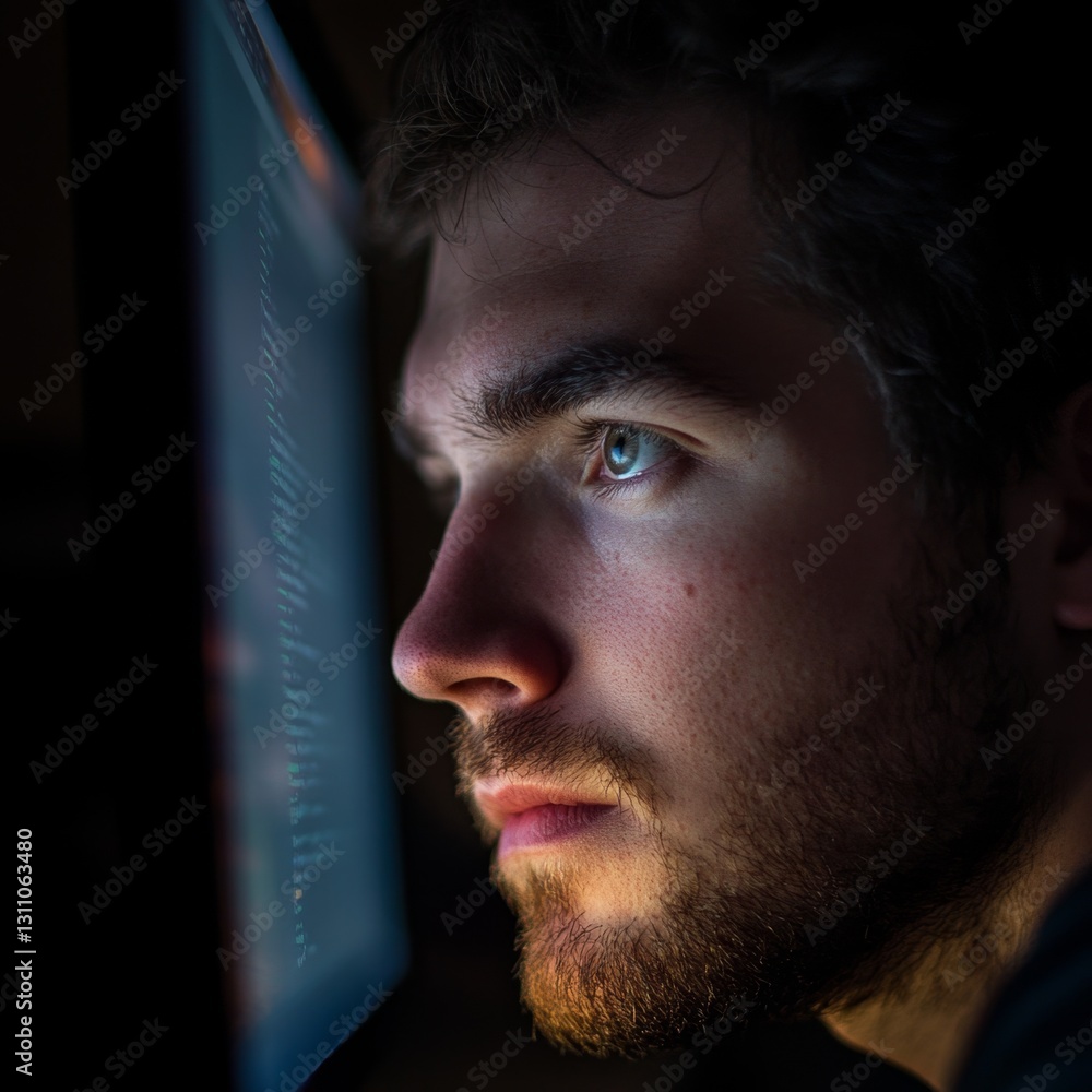 Poster illuminated face of a man with cool glow from computer screen