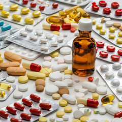 Medicine Bottles and Assorted Pills in Blister Packs