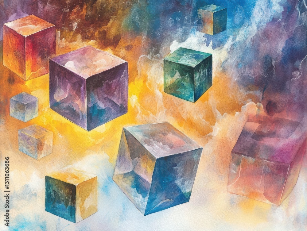 Poster abstract cubes in the cosmos: an abstract digital painting featuring a collection of colorful, trans