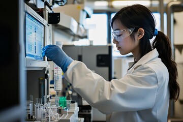 A scientist in protective gear conducts carbon capture technology tests, surrounded by advanced equipment and data screens in a high-tech lab.