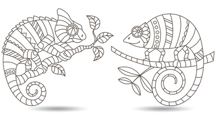 Set of contour illustrations of stained glass Windows with chameleons on tree branches dark contours on a light background