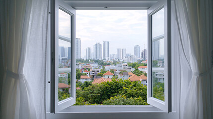 Open Window View of Cityscape and Residential Area on Overcast Day for Indoor Air Quality Check