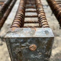 A close-up of a construction site showing rebar for concrete reinforcement