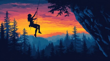 Young asian female climbing at sunset over forested landscape with vibrant sky