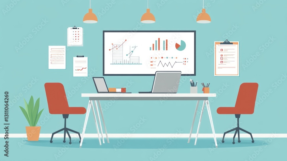 Poster modern office workspace with data visualization
