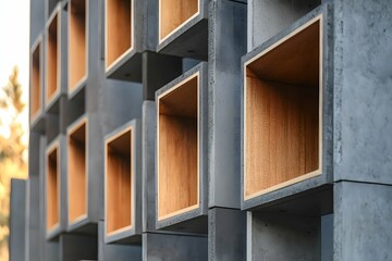 Fototapeta premium This vertical cemetery features a carefully designed stacking niche system, highlighting modern architectural elements that prioritize sustainability and optimize