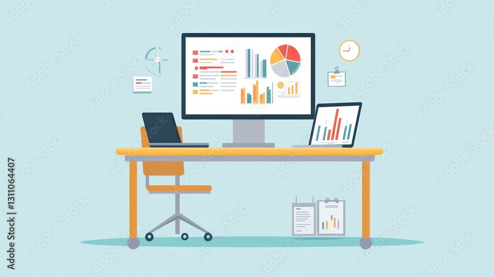 Poster office workspace with monitor showing charts and graphs