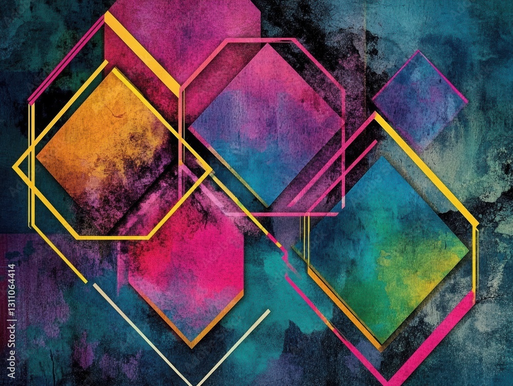 Poster geometric watercolor abstract: vibrant hues and bold geometric shapes intertwine in a captivating wa