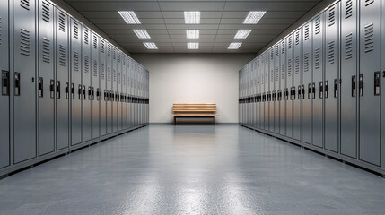Fototapeta premium School Lockers and Bench in a Long Hallway with Artificial Lights for a Modern and Clean Look