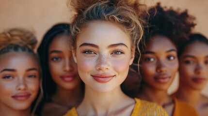 Beauty. multi ethnic group of womans with diffrent types of skin together and looking on camera. diverse ethnicity women - caucasian, african and asian posing and smiling against beige background.