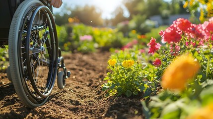 Fototapeta premium With a steadfast determination shining in their eyes, the wheelchair user graciously nurtures a blossoming garden