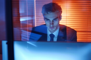 In a slick, futuristic workspace, a whistleblower is safeguarding secret information by using cutting-edge software on