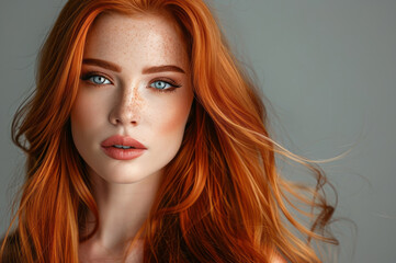 Obraz premium A beautiful woman with long red hair striking an elegant pose, her luxurious and shiny hair showcased against a gray background, her vibrant orange color being the focal point.