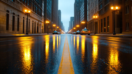 Wet City Street Reflections at Night with Yellow Taxi Cabs and Streetlights Under Overcast Sky