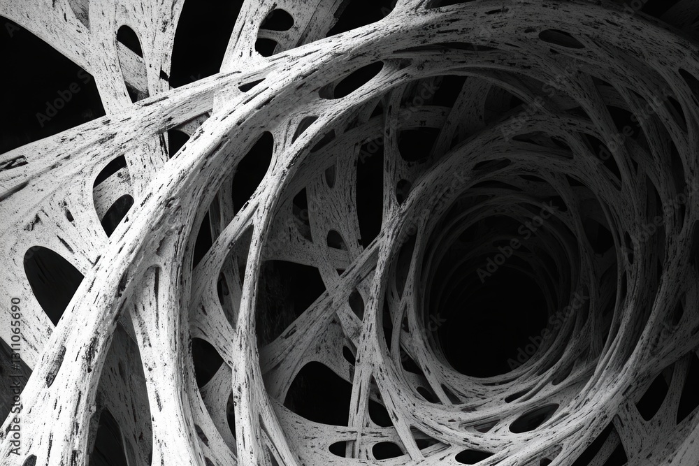 Poster intricate spiral abstract: an eye-level, macro view of a complex, spiraling abstract structure made 