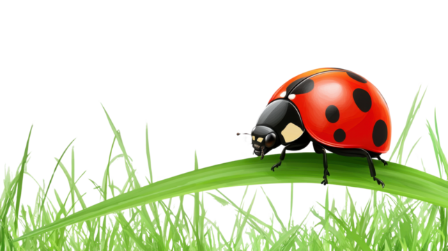ladybug on green grass isolated on white background 