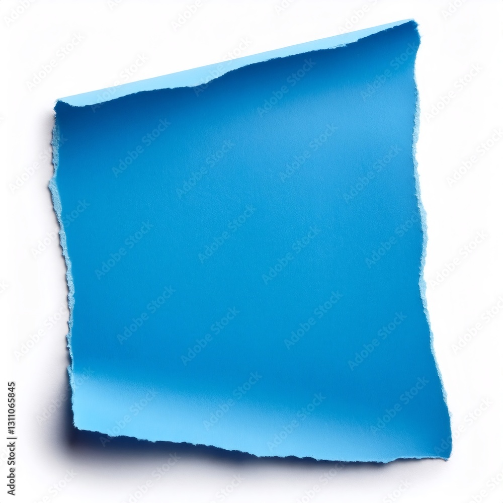 Poster blue paper curling dramatically, casting elegant shadows on pristine white surface with ample negati