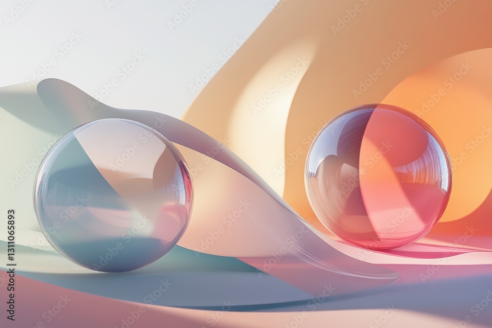Aufkleber abstract spheres and curves: a minimalist composition featuring two translucent spheres reflecting l