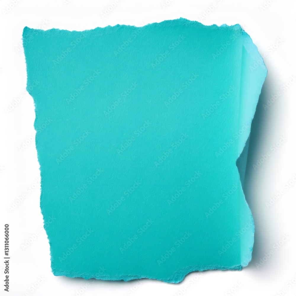 Poster ripped piece of turquoise paper with torn edges creating a blank space for text over white backgroun