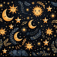 Sun and Moon Celestial Design in Vibrant Flat Vector Pattern