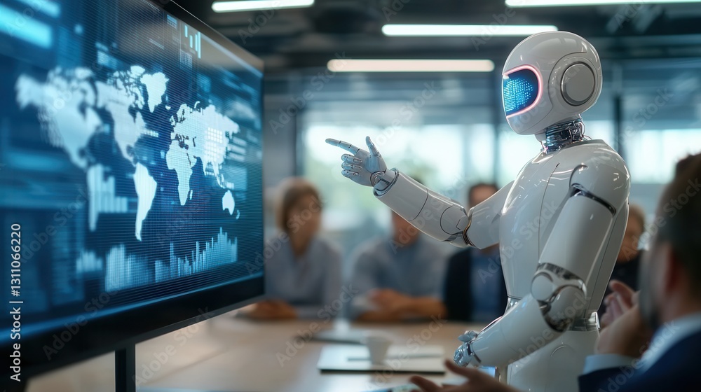 Poster a humanoid robot presents data on a screen to an audience in a modern office environment, showcasing