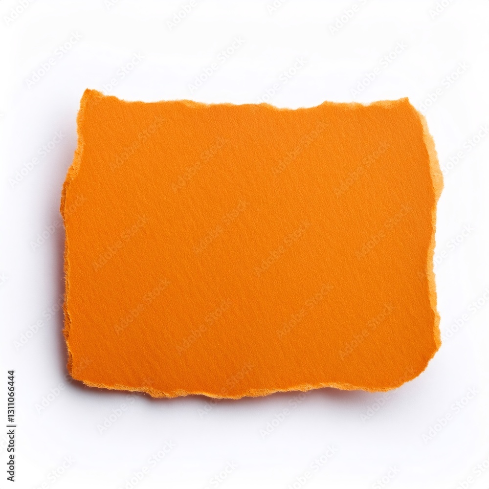 Poster orange ripped piece of paper with jagged edges over white background creating negative space for tex