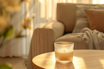 An elegant glass candle jar with a striped pattern is placed on the wooden coffee table near a beige sofa.