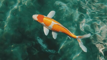 Orange and White Koi Fish Swimming in Teal Pond Water