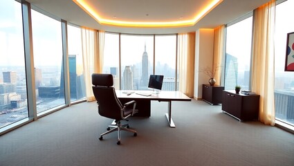A modern expansive executive office with sleek furniture and a professional ambiance.