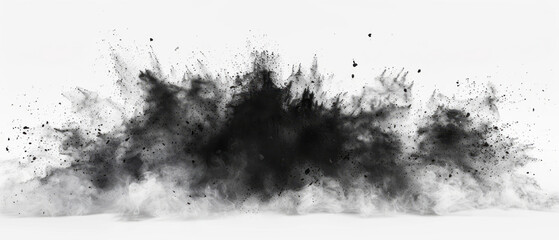 A black smoke explosion on a white background represents an abstract concept of dust and debris from a shell hitting the ground.