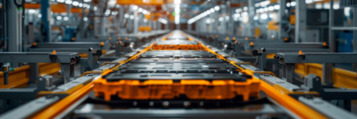 Fototapeta premium A high-angle view shows an electric vehicle battery production line in the factory, with rows of battery cells on conveyor belts being supported.