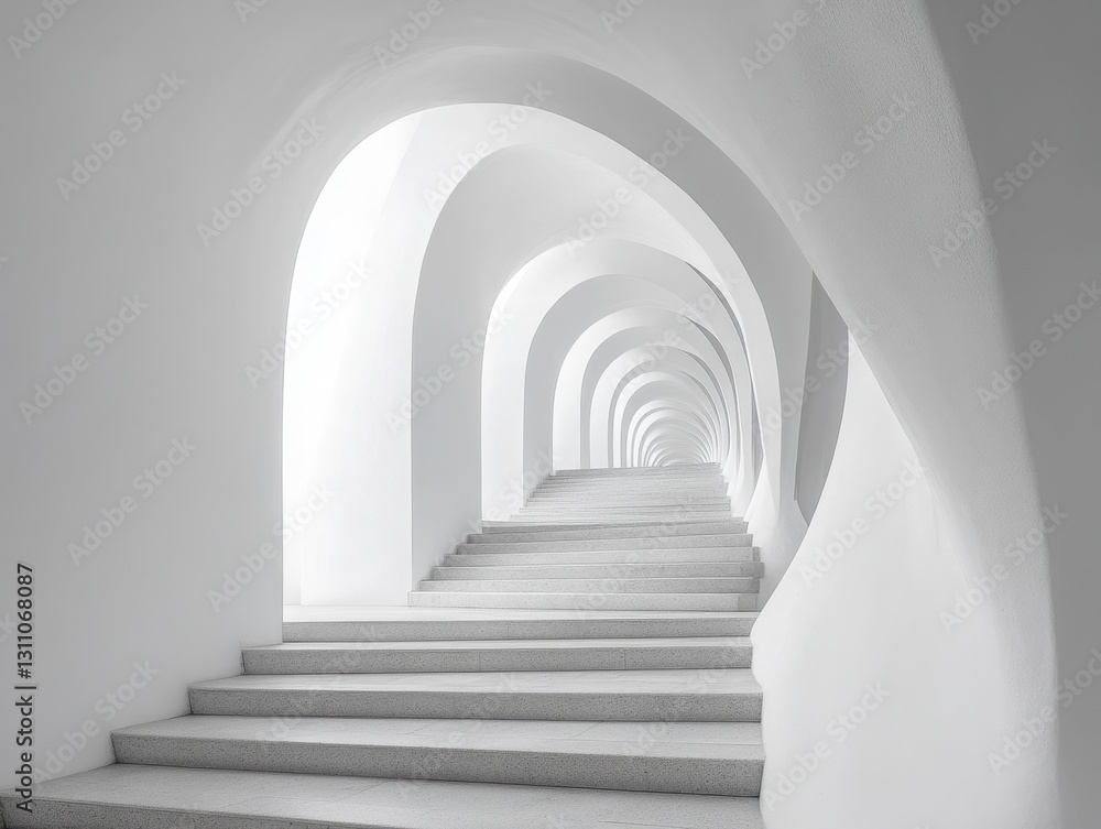 Poster architectural illusion: a mesmerizing composition of repeating archways and ascending staircase crea