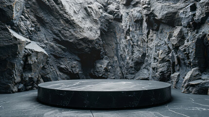 A black stone podium with a rock wall background, suitable for product presentation, featuring a mockup scene and empty space in the middle.