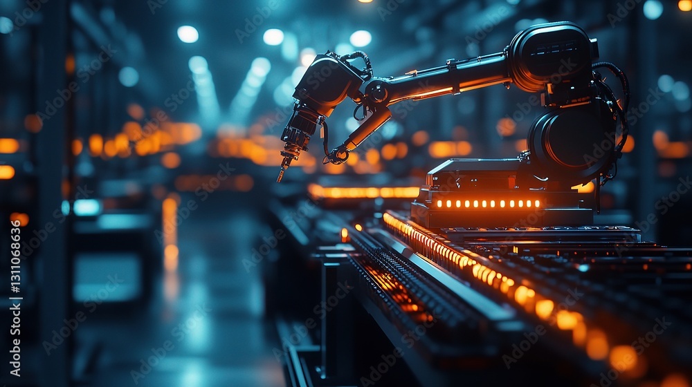 Poster advanced technology machine in factory with glowing elements