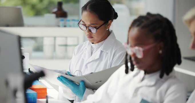 Women, documents and science in laboratory, study or problem solving at pharmaceutical company. People, group and feedback with paperwork, clinical project or medical research for vaccine development