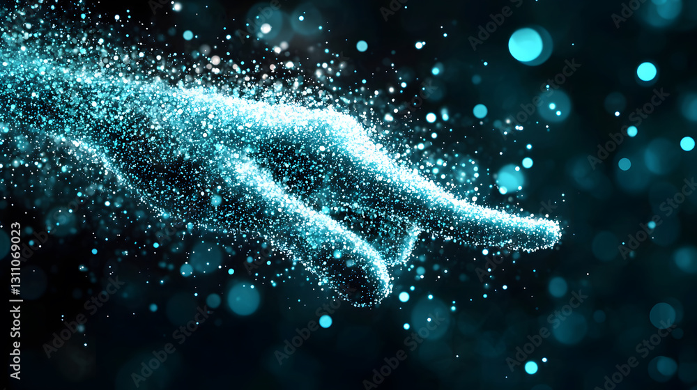 Poster A glowing hand made of particles points forward against a dark background, suggesting a connection between technology and creativity