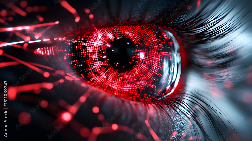 Poster a futuristic eye with a radiant red glow, enhanced by digital patterns and light streaks, suggesting