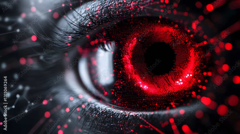 Poster a close-up of an eye with a striking red iris, surrounded by a digital, abstract design, evoking the
