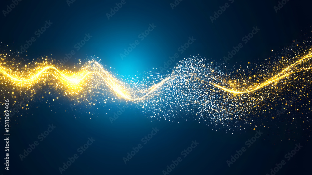 Poster A vibrant display of sparkling particles creating a flowing wave of golden and blue light against a dark background
