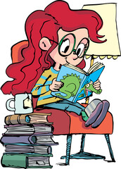 girl is absorbed in reading a pile of books next to the lamp2.eps