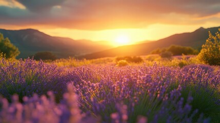Fototapeta premium Lavender field at sunset with vibrant colors and mountain view