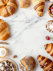 Top view of assorted pastries on marble background with croissants and sweets