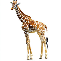 Obraz premium Giraffe standing on white background, showcasing its unique pattern