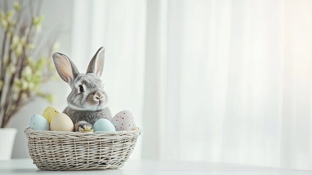 Cute gray bunny sitting in a basket, paired with colorful Easter eggs placed on a white tabletop, perfect for Easter themed design, providing ample text space.