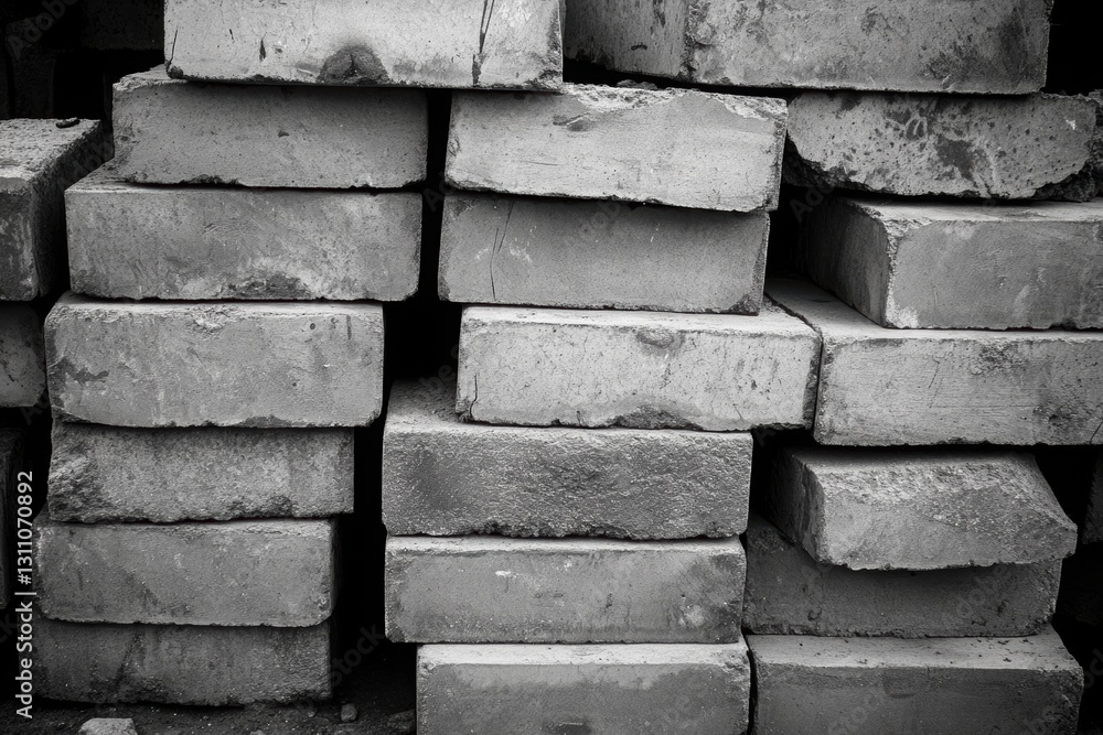 Poster monochrome brick stack: a close-up shot showcasing a stack of weathered bricks in various shades of 